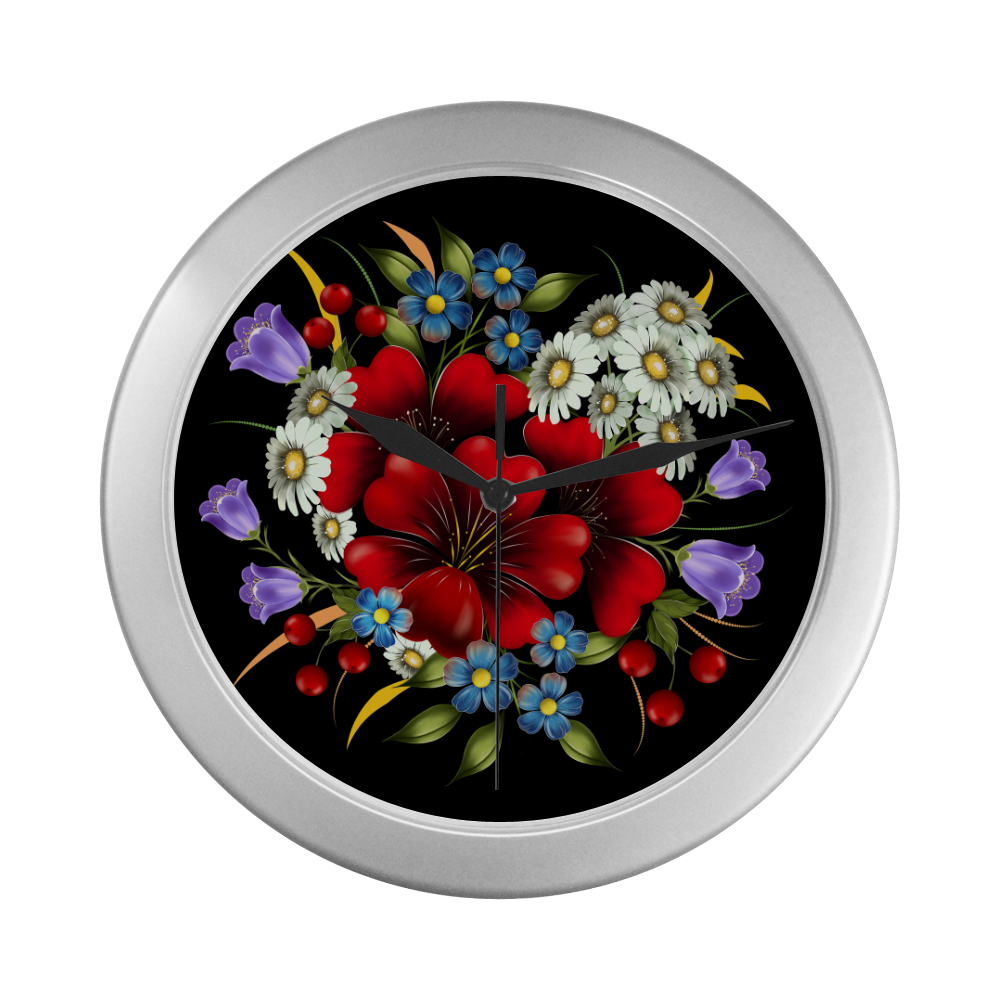 Bouquet Of Flowers Silver Color Wall Clock