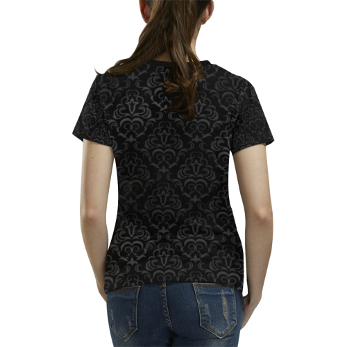 Elegant vintage floral damasks in  gray and black All Over Print T-shirt for Women/Large Size (USA Size) (Model T40)