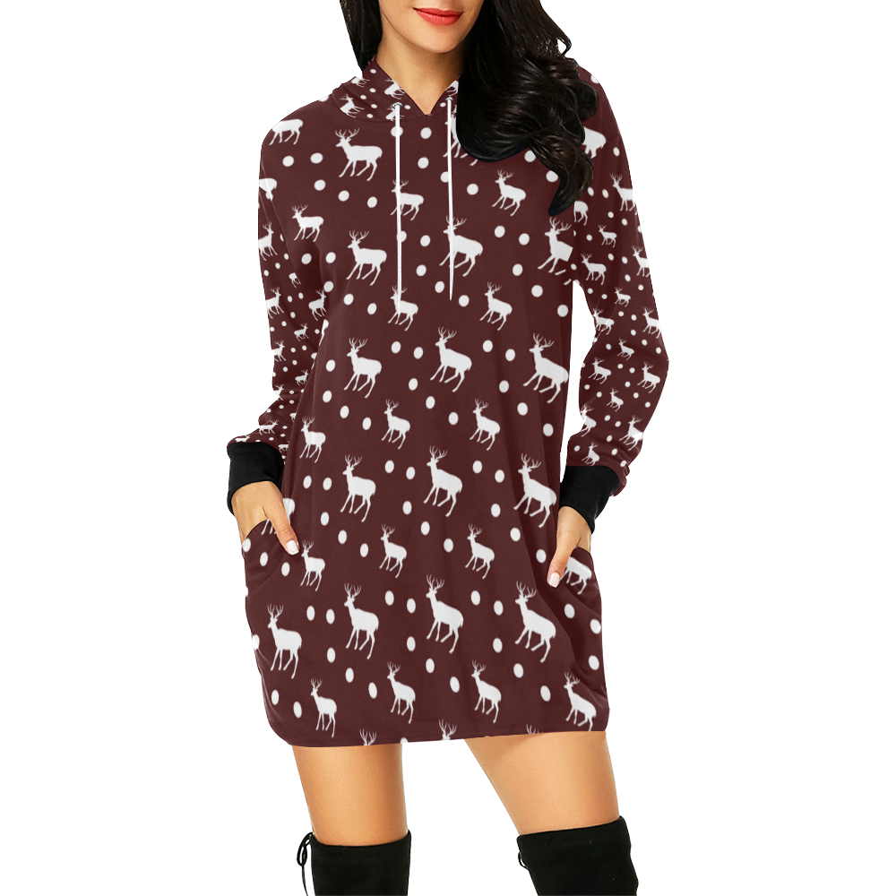 deer dots red All Over Print Hoodie Mini Dress (Model H27)