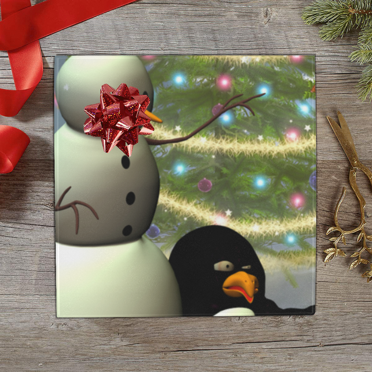 Snowman with penguin and christmas tree Gift Wrapping Paper 58"x 23" (3 Rolls)