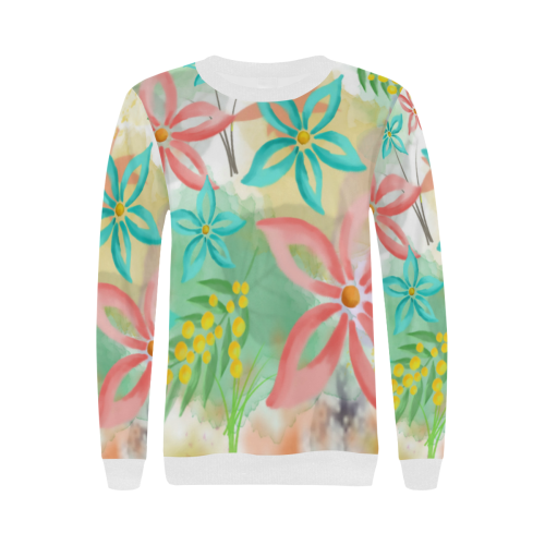 Flower Pattern - coral pink, teal green, yellow Women's Rib Cuff Crew Neck Sweatshirt (Model H34)