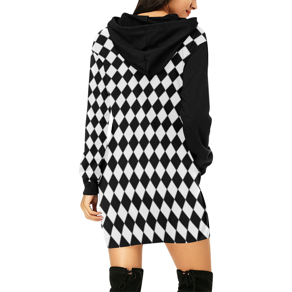 Hoodie Dress Black White checkerboard Print All Over Print Hoodie Mini Dress (Model H27)