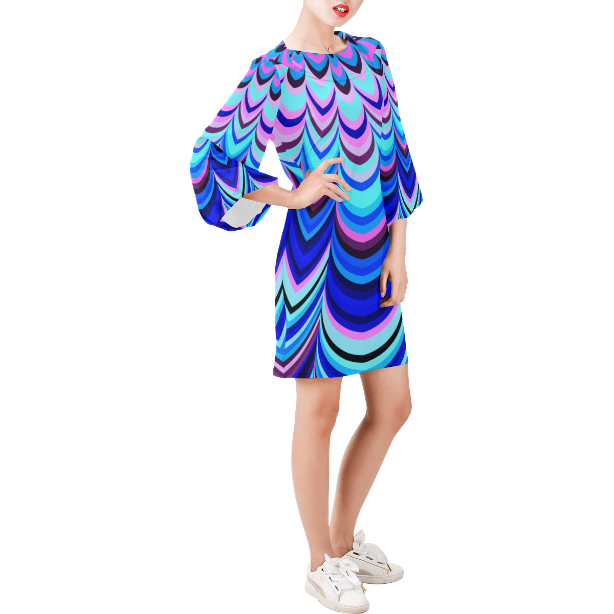 Neon blue striped pattern Bell Sleeve Dress (Model D52)