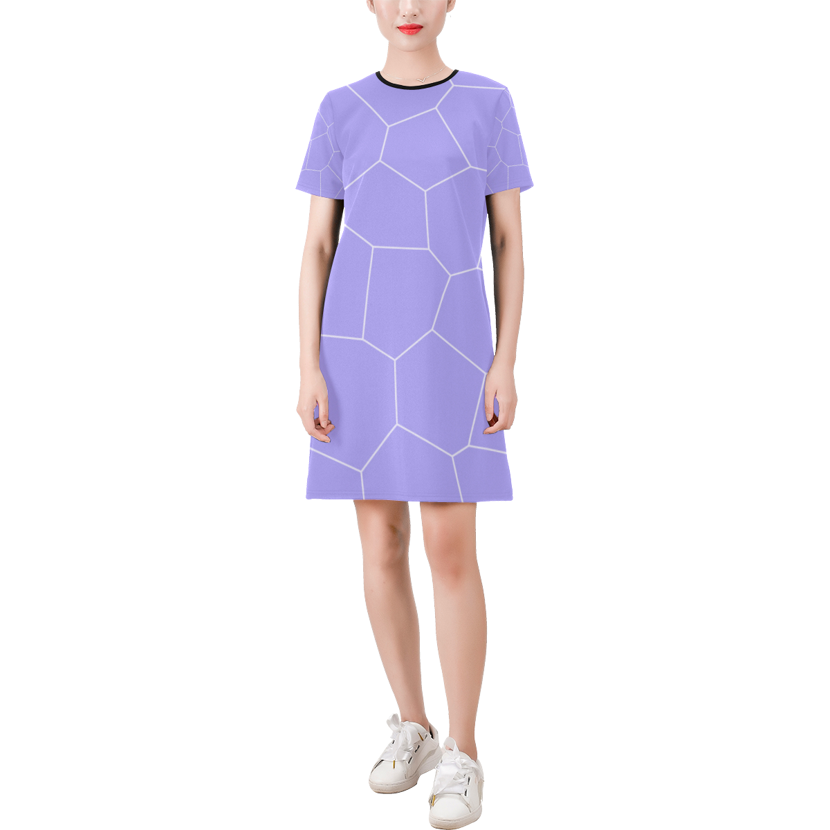 Abstract geometric pattern - purple. Short-Sleeve Round Neck A-Line Dress (Model D47)