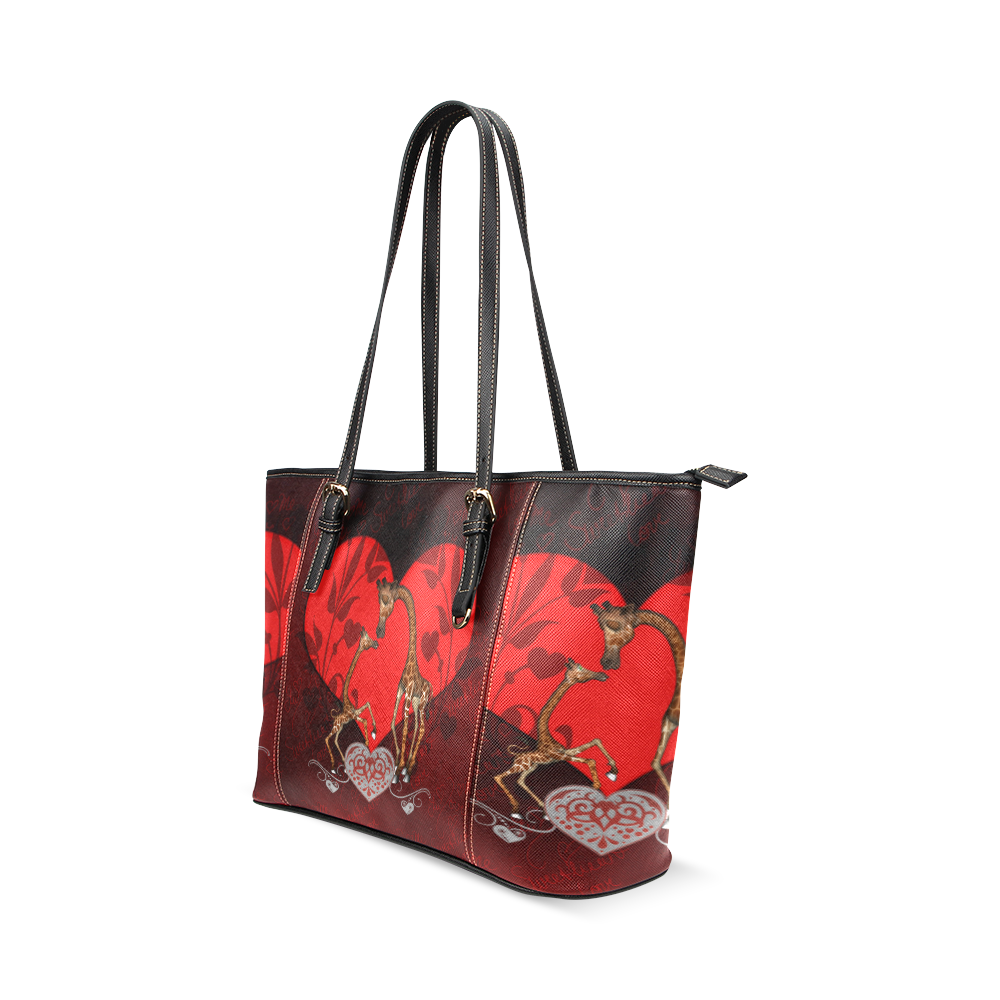 Giraffe mum with baby Leather Tote Bag/Small (Model 1640)