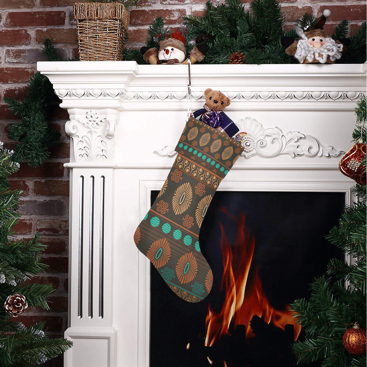 Ethnic Bohemian Brown, Orange, and Teal Christmas Stocking