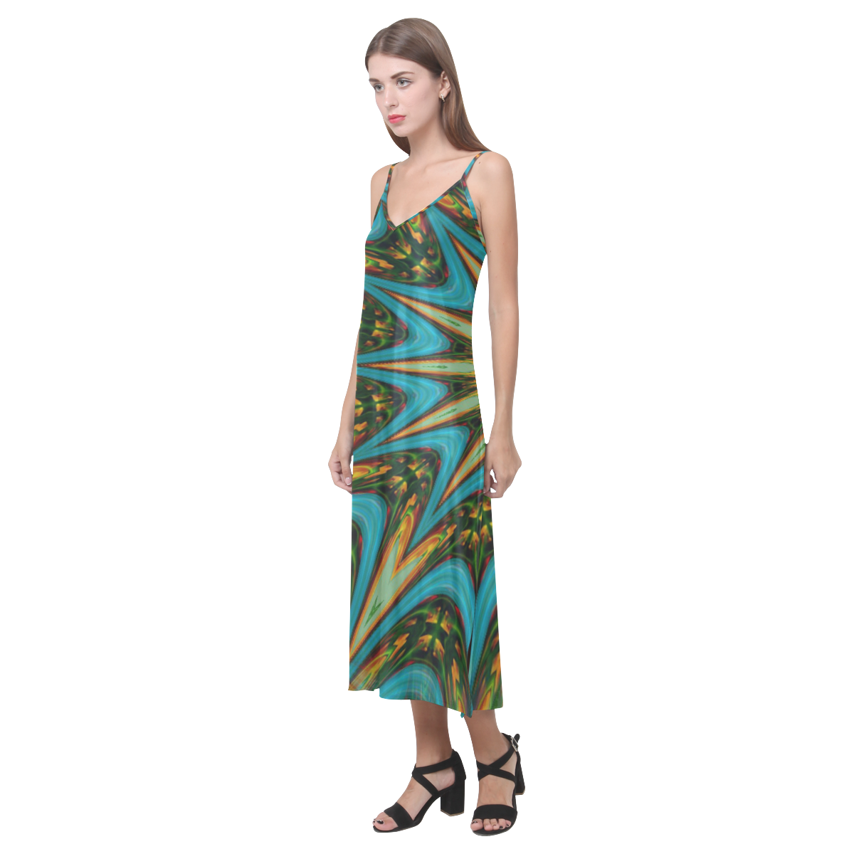 :Emerald Mandala: V-Neck Open Fork Long Dress(Model D18)