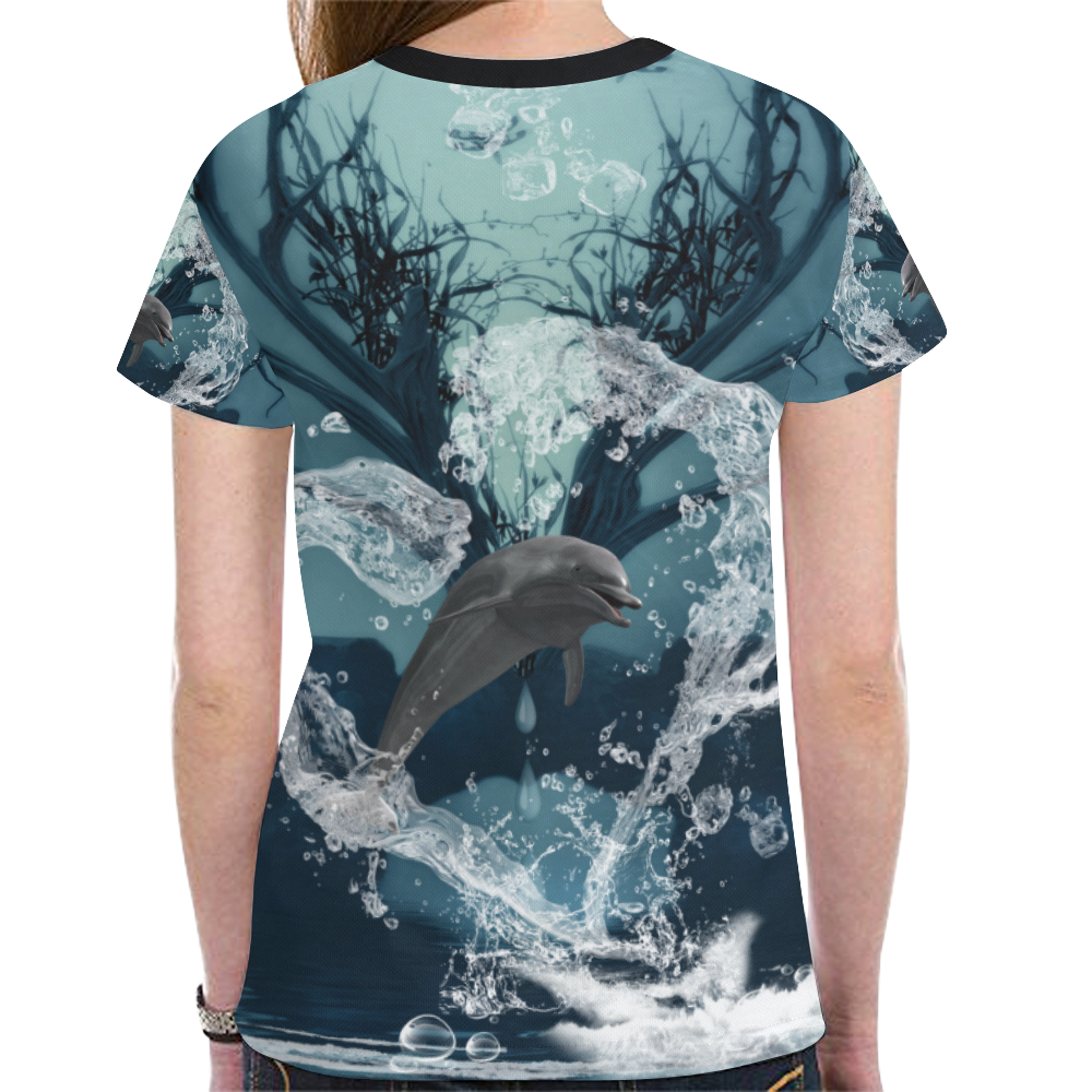Dolphin jumping by a heart New All Over Print T-shirt for Women (Model T45)