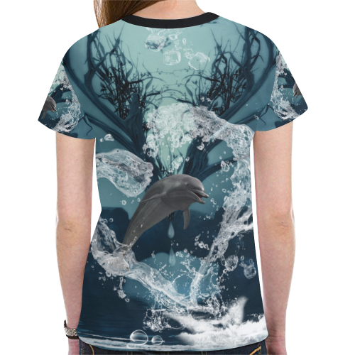 Dolphin jumping by a heart New All Over Print T-shirt for Women (Model T45)