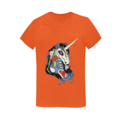 Spring Flower Unicorn Skull Orange Women's T-Shirt in USA Size (Two Sides Printing)