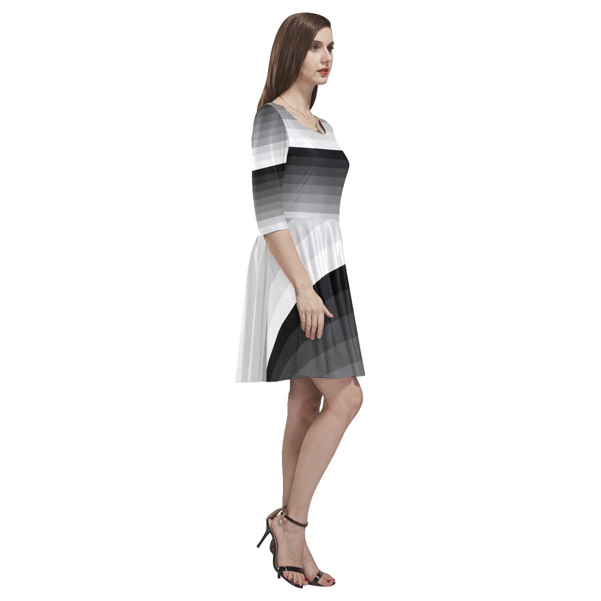 White, black, gray multicolored stripes Tethys Half-Sleeve Skater Dress(Model D20)