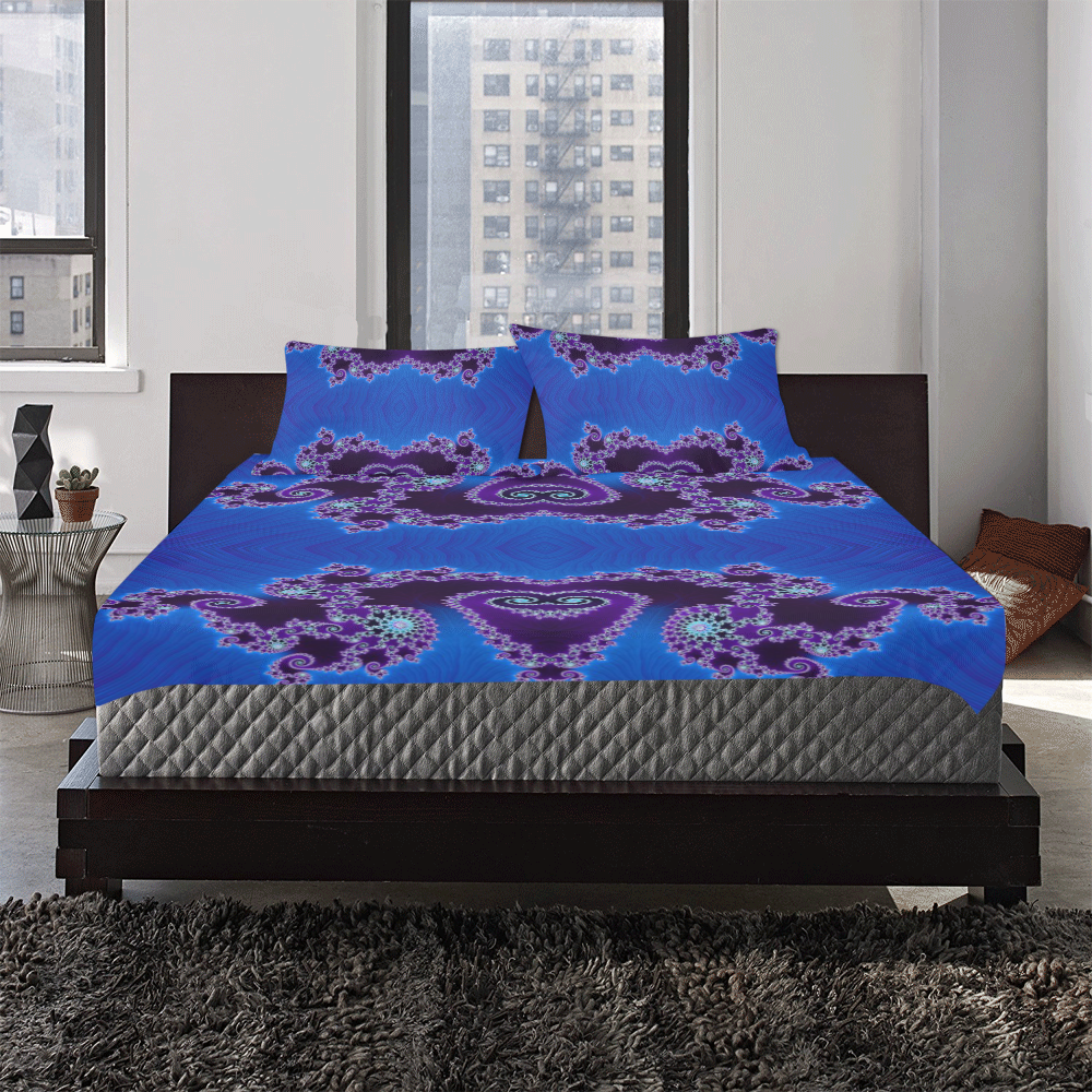 Blue Hearts and Lace Fractal Abstract 2 3-Piece Bedding Set
