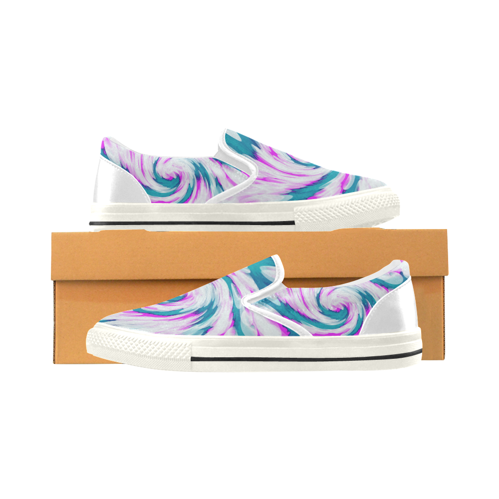 Turquoise Pink Tie Dye Swirl Abstract Women's Slip-on Canvas Shoes/Large Size (Model 019)