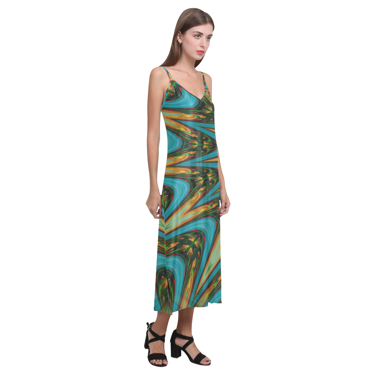 :Emerald Mandala: V-Neck Open Fork Long Dress(Model D18)