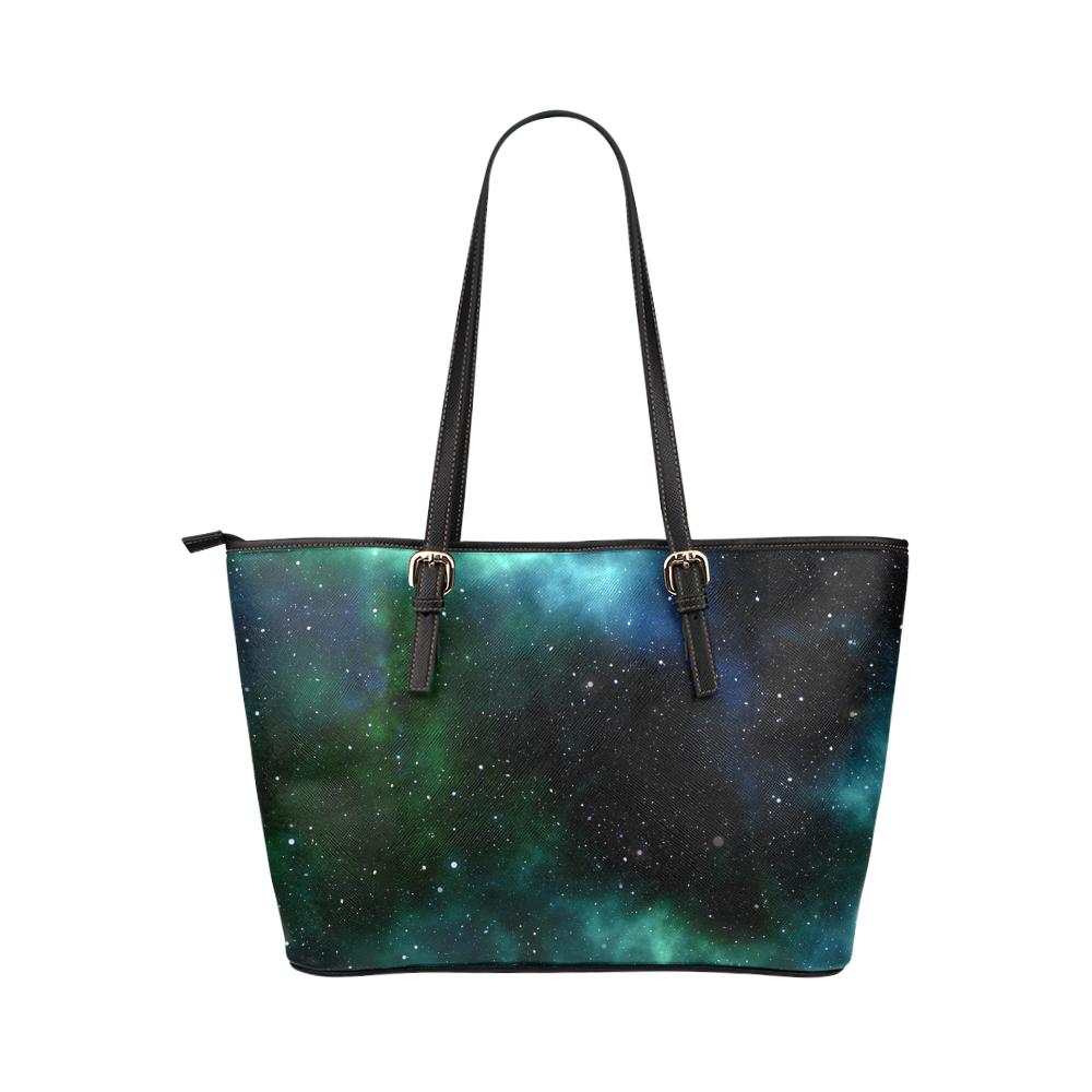 galaxy sky blue green Leather Tote Bag/Large (Model 1651)
