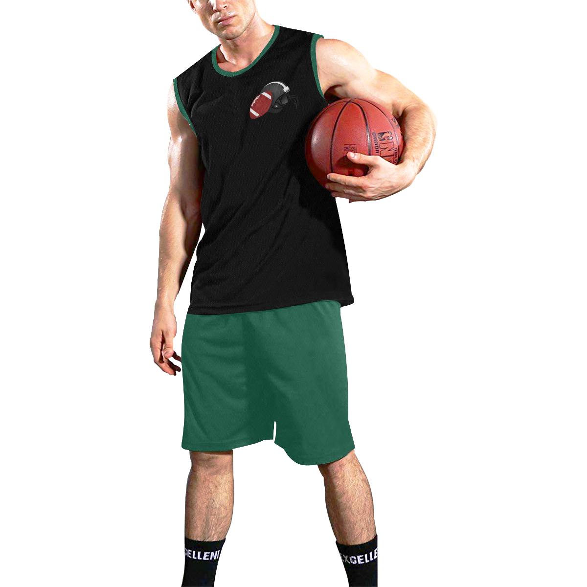 Football and Football Helmet Sports Green and Black All Over Print Basketball Uniform