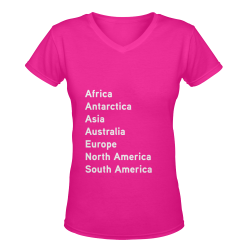 Continents (white on hot pink) Women's Deep V-neck T-shirt (Model T19)