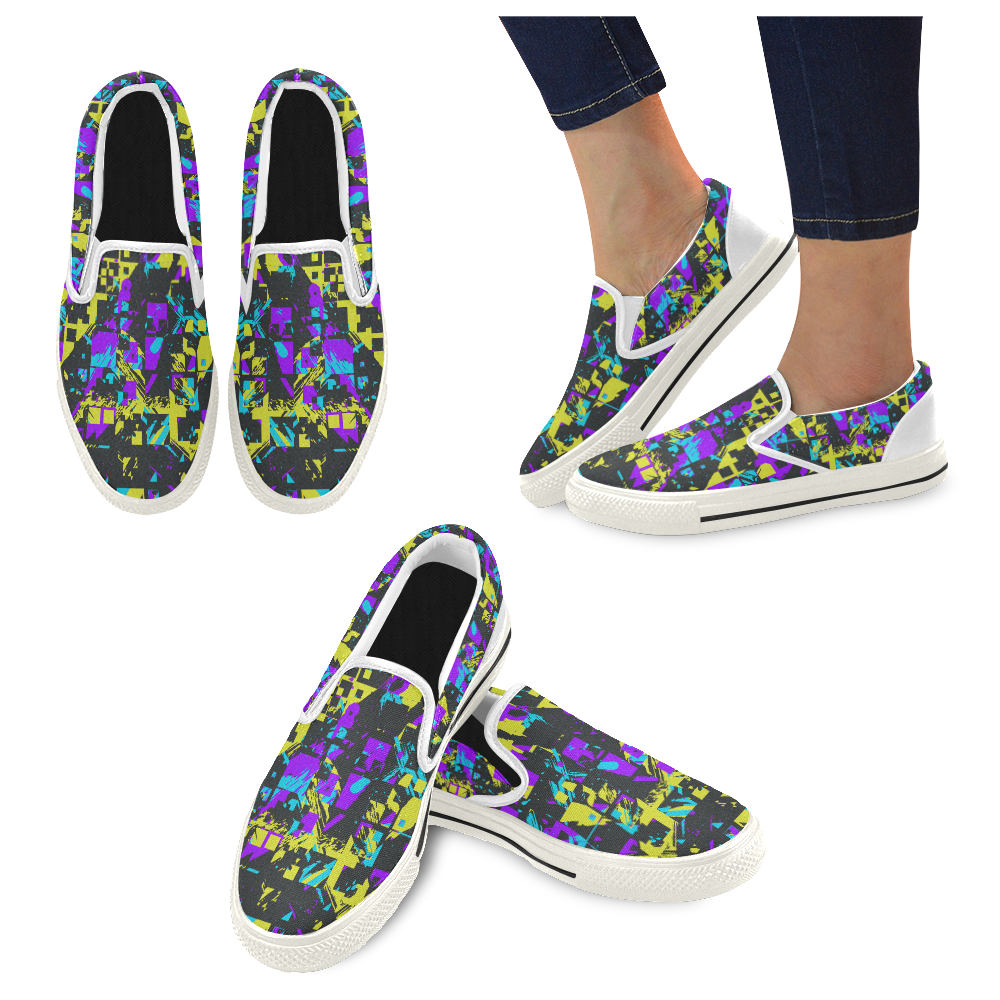 Purple yelllow squares Slip-on Canvas Shoes for Kid (Model 019)