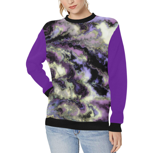 Purple marble Women's Rib Cuff Crew Neck Sweatshirt (Model H34)