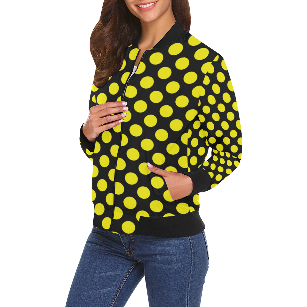 Yellow Polka Dots on Black All Over Print Bomber Jacket for Women (Model H19)