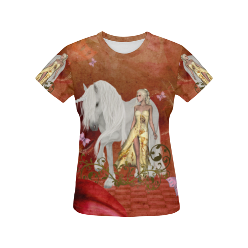 Unicorn with fairy and butterflies All Over Print T-Shirt for Women (USA Size) (Model T40)