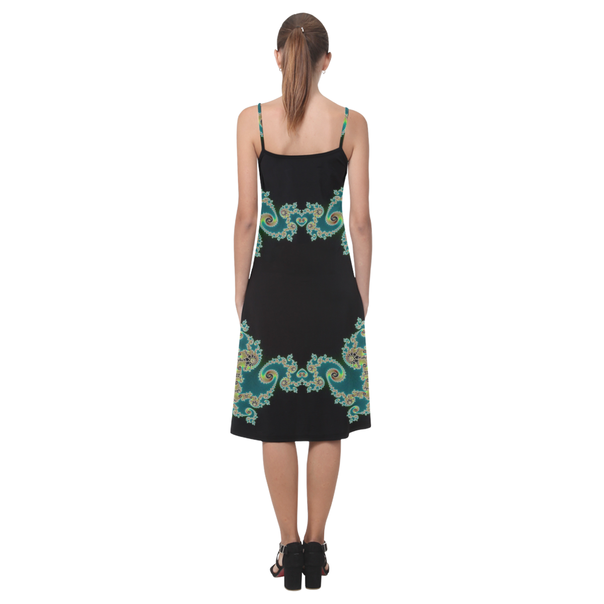 Aqua and Black  Hearts Lace Fractal Abstract Alcestis Slip Dress (Model D05)