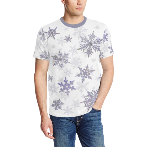 Snowflakes Blue Purple on white Men's All Over Print T-Shirt (Solid Color Neck) (Model T63)