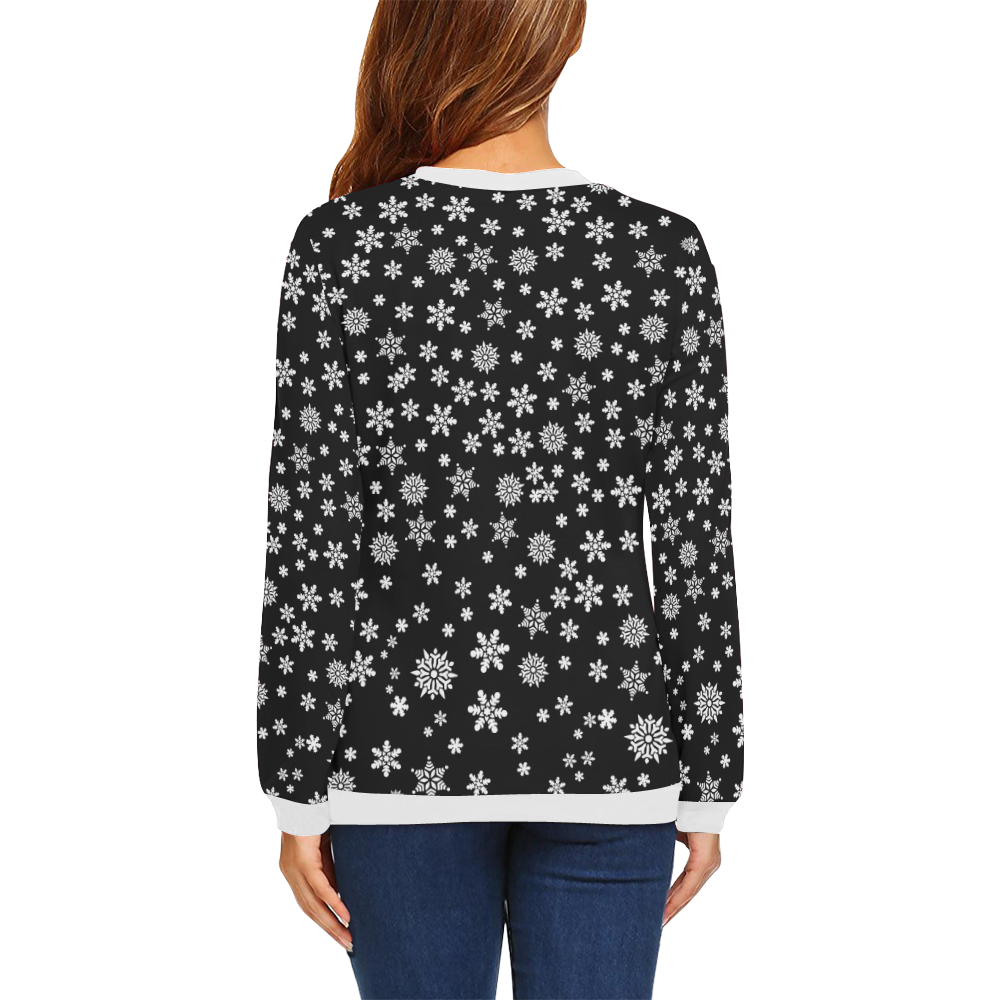 Christmas White Snowflakes on Black All Over Print Crewneck Sweatshirt for Women (Model H18)