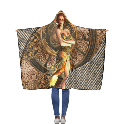 Steampunk lady with gears and clocks Flannel Hooded Blanket 50''x60''