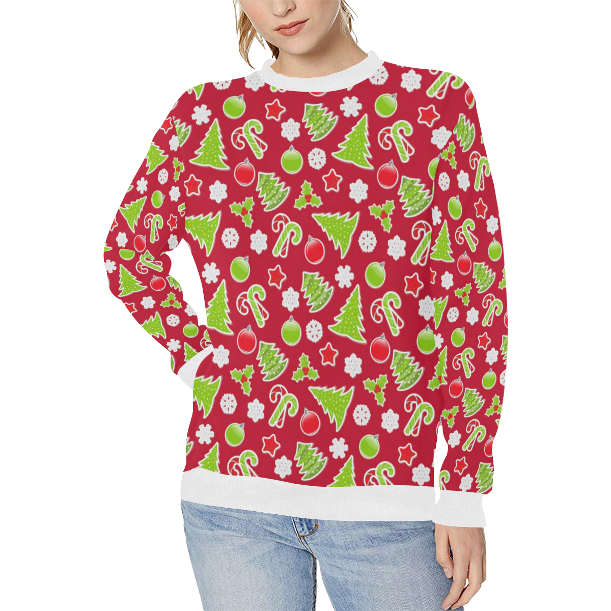 Christmas Mix Pattern Women's Rib Cuff Crew Neck Sweatshirt (Model H34)