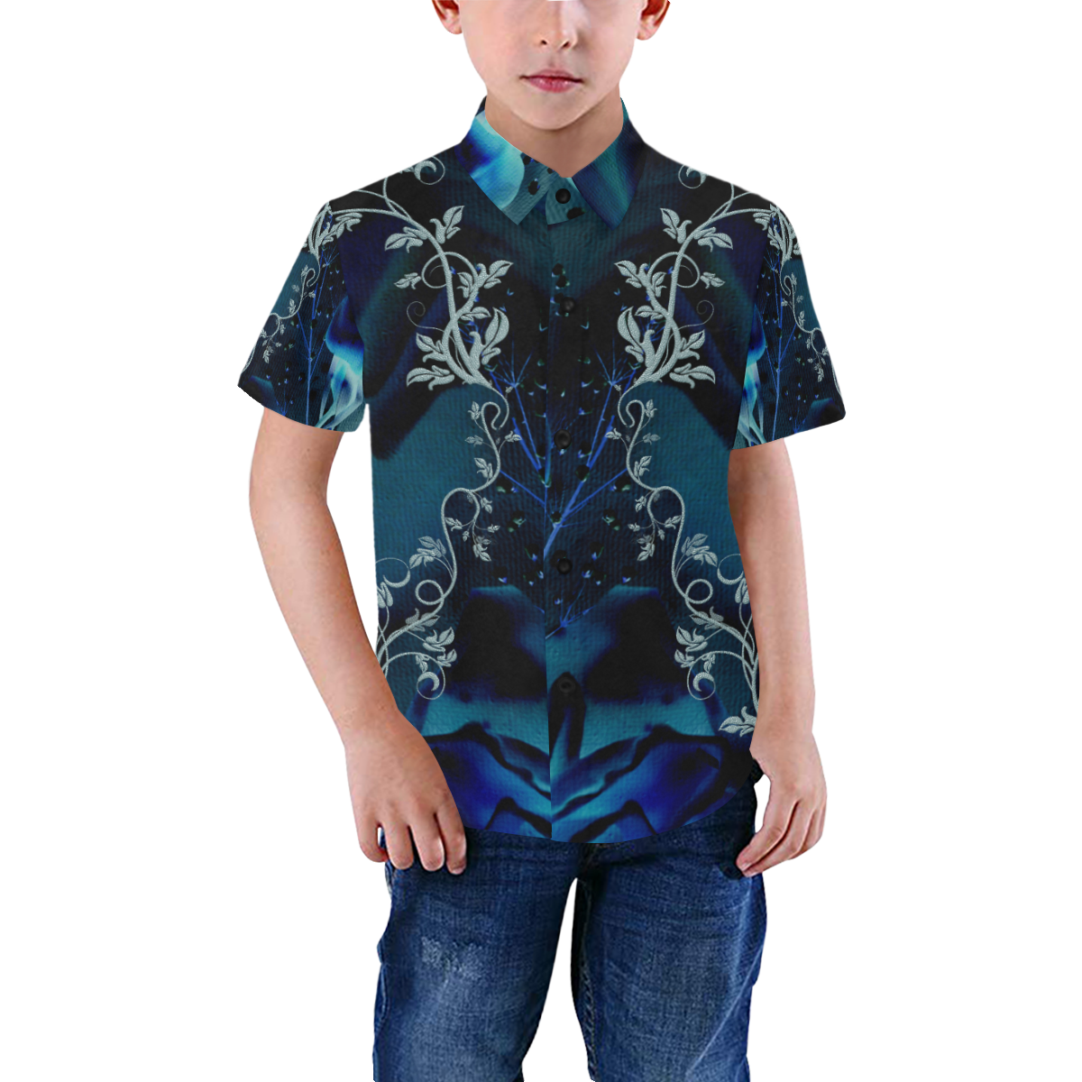 Floral design, blue colors Boys' All Over Print Short Sleeve Shirt (Model T59)