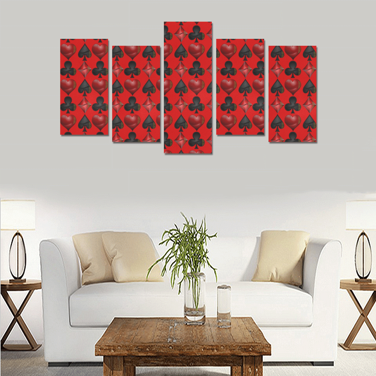 Las Vegas Black and Red Casino Poker Card Shapes on Red Canvas Print Sets E (No Frame)