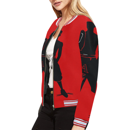Aziatic Black & Red 21 All Over Print Bomber Jacket for Women (Model H21)