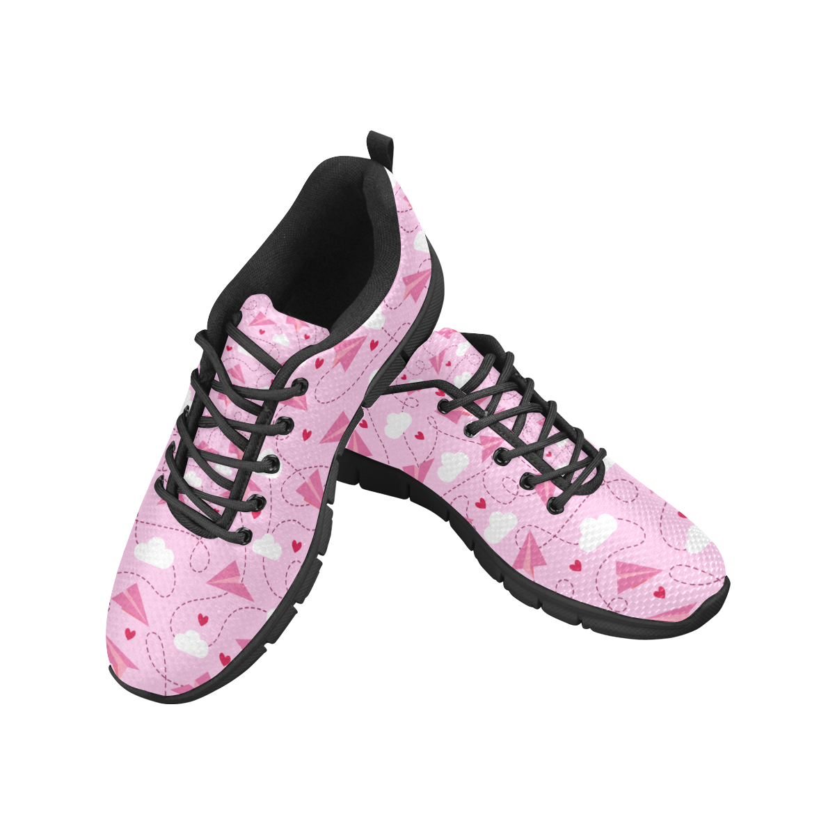 Pink Love Paper Planes black sole Women's Breathable Running Shoes/Large (Model 055)