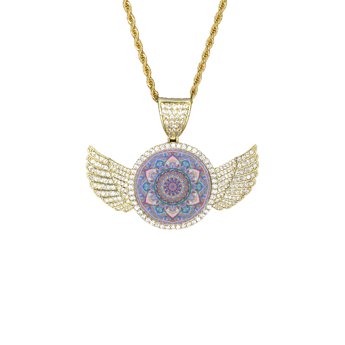 indian mandala 3 Wings Gold Photo Pendant with Rope Chain