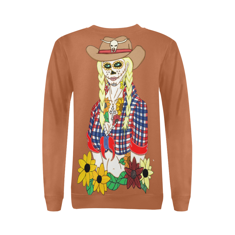 Cowgirl Sugar Skull Rust Brown All Over Print Crewneck Sweatshirt for Women (Model H18)