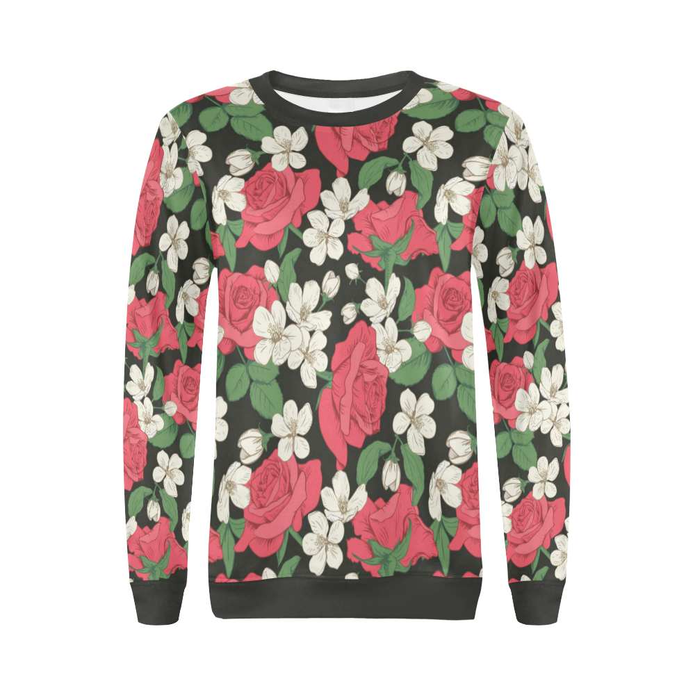 Pink, White and Black Floral All Over Print Crewneck Sweatshirt for Women (Model H18)