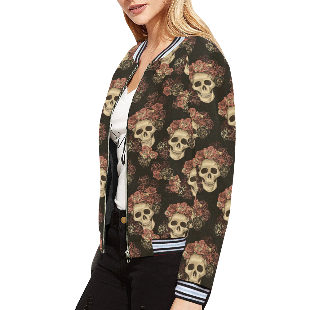 Skull and Rose Pattern All Over Print Bomber Jacket for Women (Model H21)