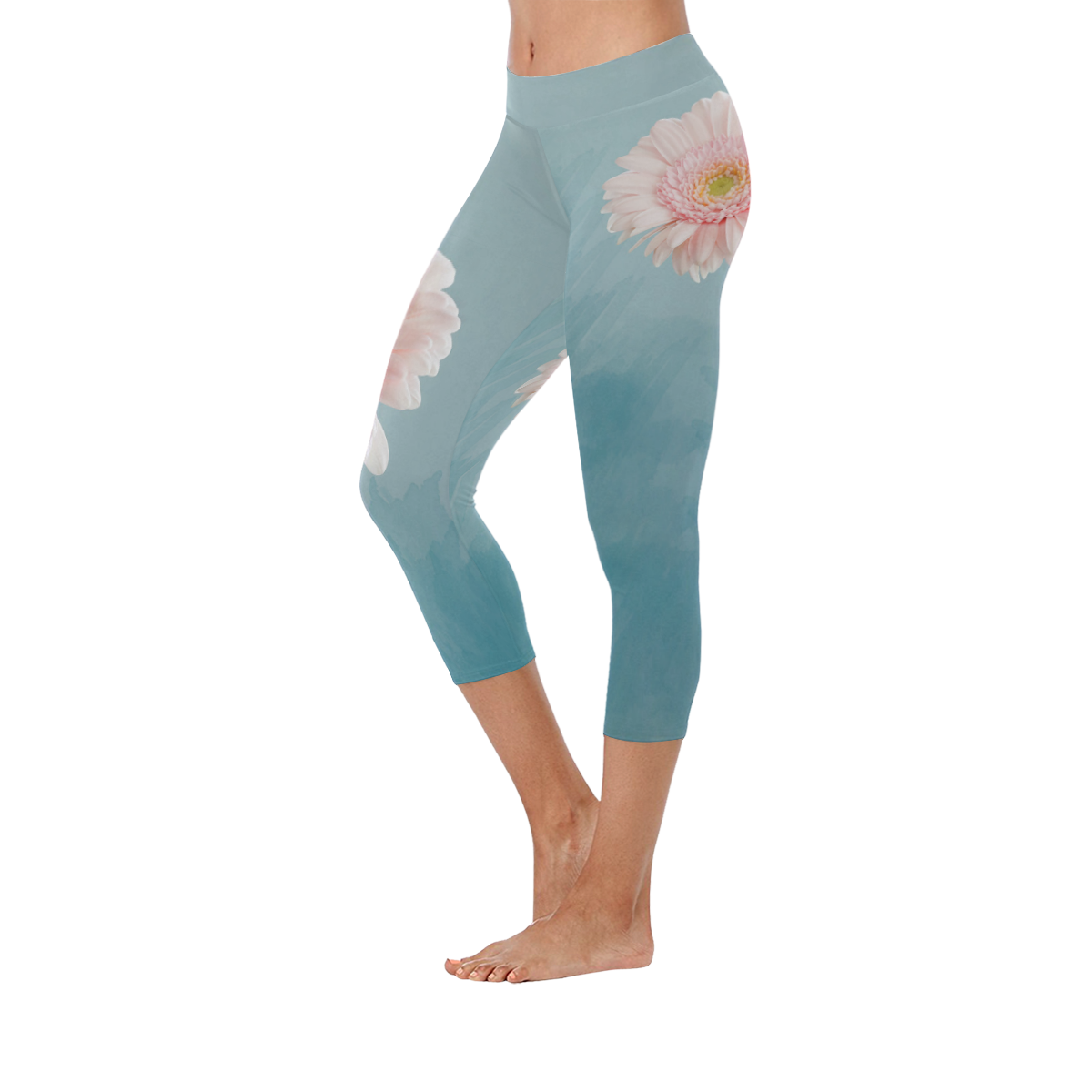 Gerbera Daisy - Pink Flower on Watercolor Blue Women's Low Rise Capri Leggings (Invisible Stitch) (Model L08)
