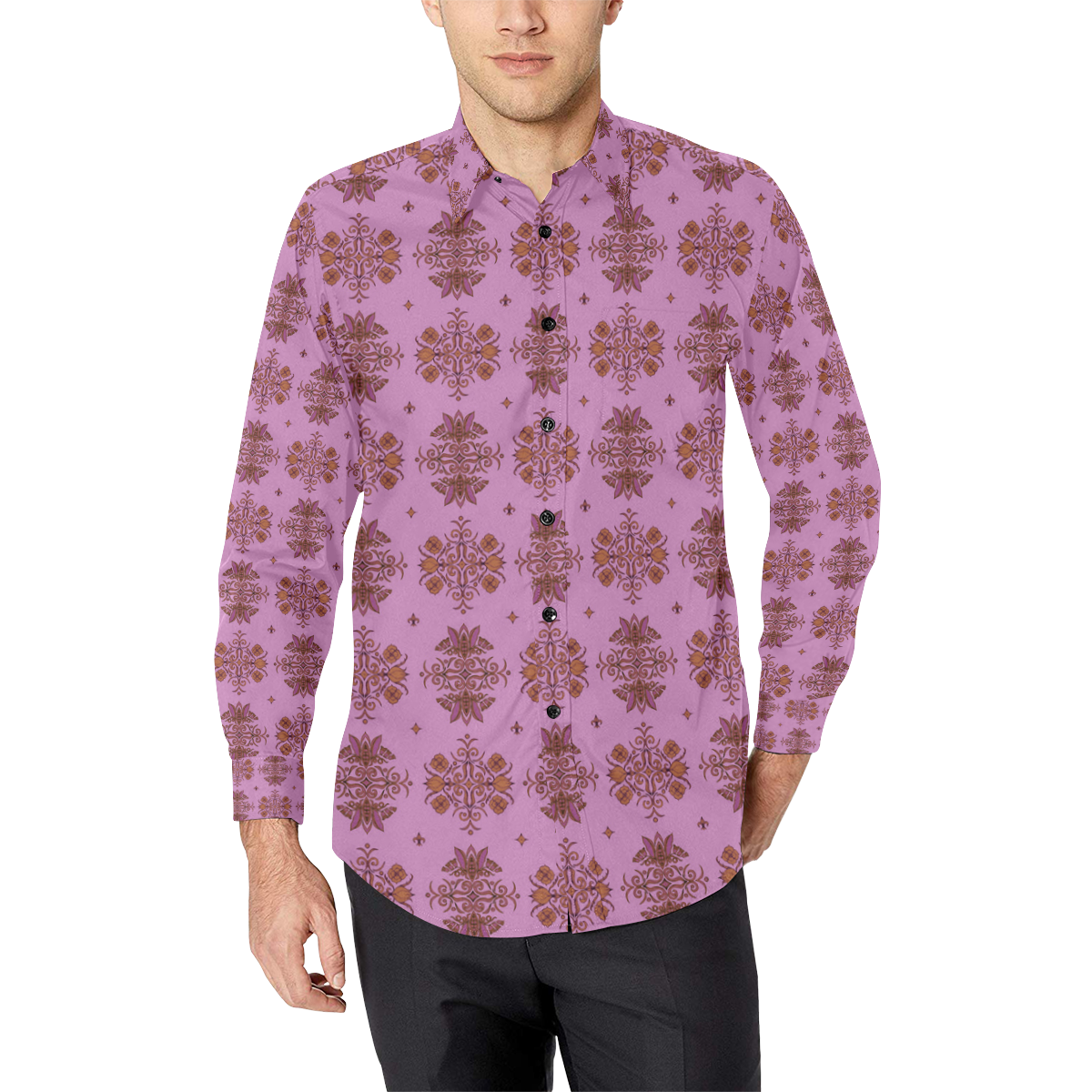 Rich Lavender and Gold Wall Flower Print Purple & Gold by Aleta Men's All Over Print Casual Dress Shirt (Model T61)