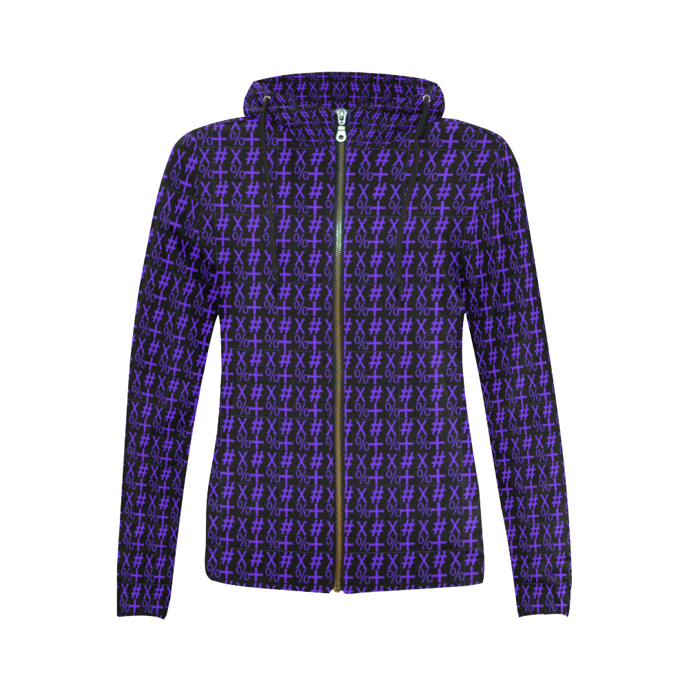 NUMBERS Collection Symbols Purple/Black All Over Print Full Zip Hoodie for Women (Model H14)