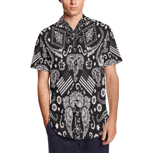 American Gothic Motorcycle Satin Pattern Dress Shirt Men's Short Sleeve Shirt with Lapel Collar (Model T54)