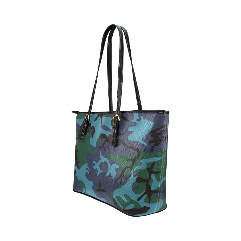 camouflage blue Leather Tote Bag/Large (Model 1651)