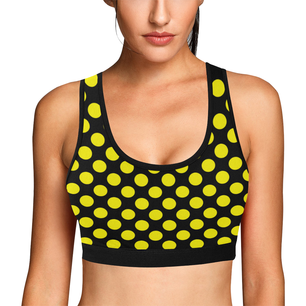 Yellow Polka Dots on Black Women's All Over Print Sports Bra (Model T52)