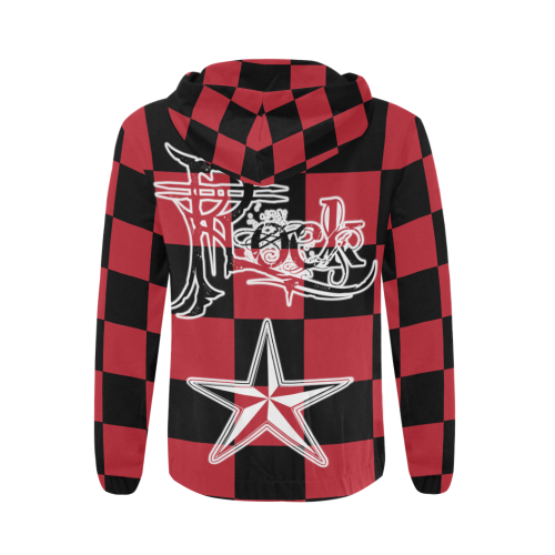 Red Checker Rock Star Hoodie All Over Print Full Zip Hoodie for Men (Model H14)