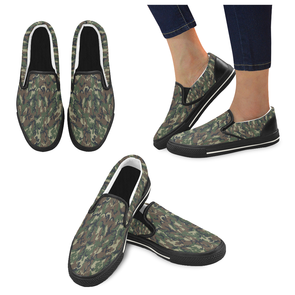 Woodland Forest Green Camouflage Women's Slip-on Canvas Shoes/Large Size (Model 019)