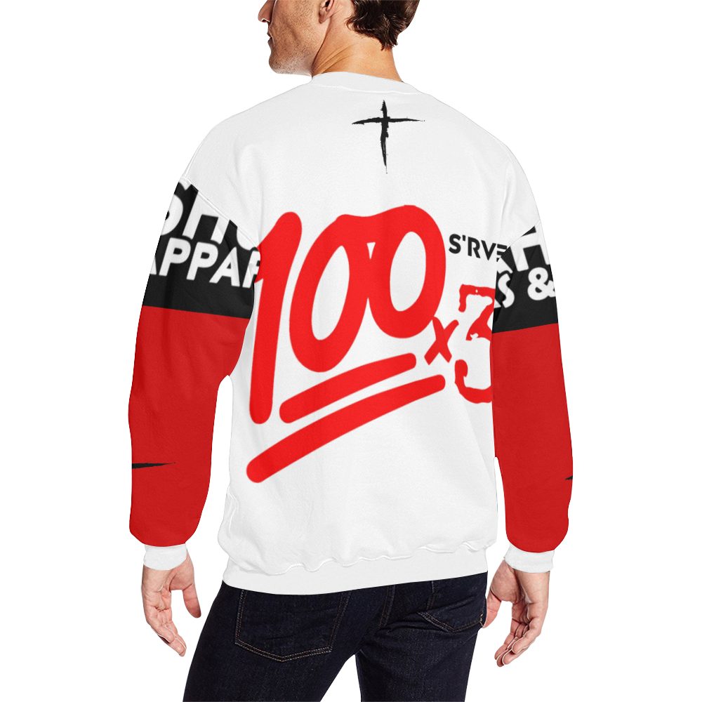 100x3 (White Red) Men's Oversized Fleece Crew Sweatshirt/Large Size(Model H18)