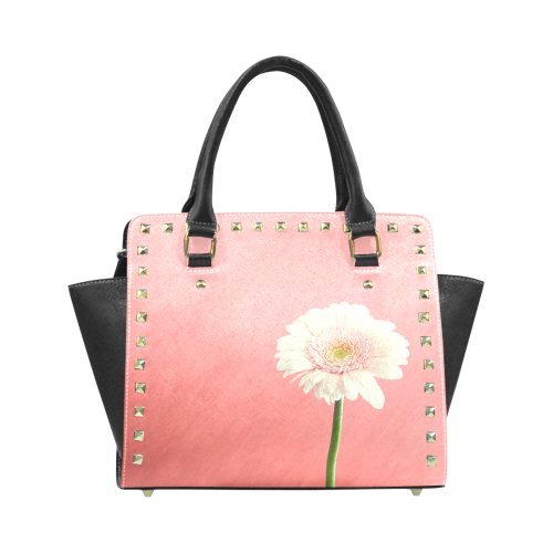 Gerbera Daisy - White Flower on Coral Pink Rivet Shoulder Handbag (Model 1645)