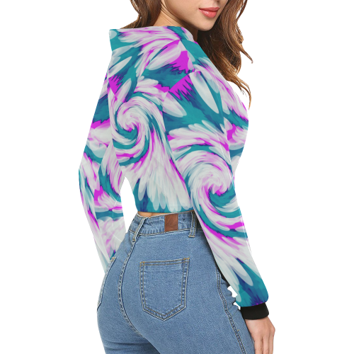 Turquoise Pink Tie Dye Swirl Abstract All Over Print Crop Hoodie for Women (Model H22)