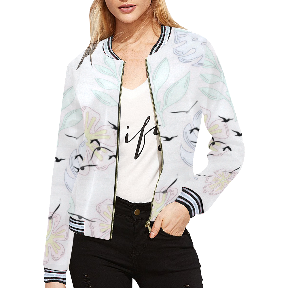 trendy birds pastel floral by JamColors All Over Print Bomber Jacket for Women (Model H21)